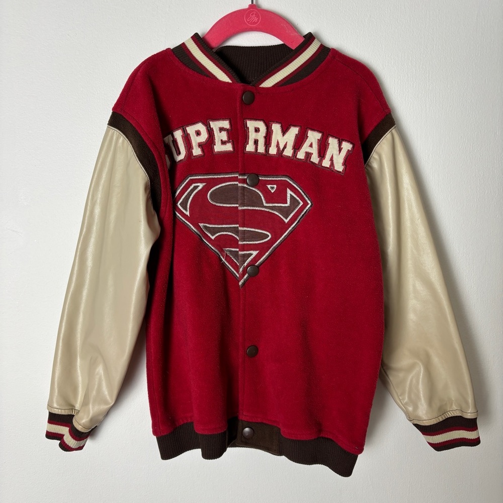 Superman Red Varsity Bomber Jacket Size 6. Faux leather sleeve